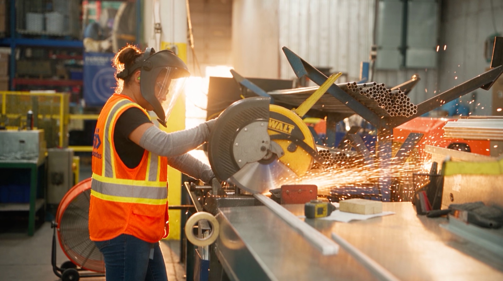 Worker in a safety vest and face shield cutting metal tubing on a factory floor as sparks fly