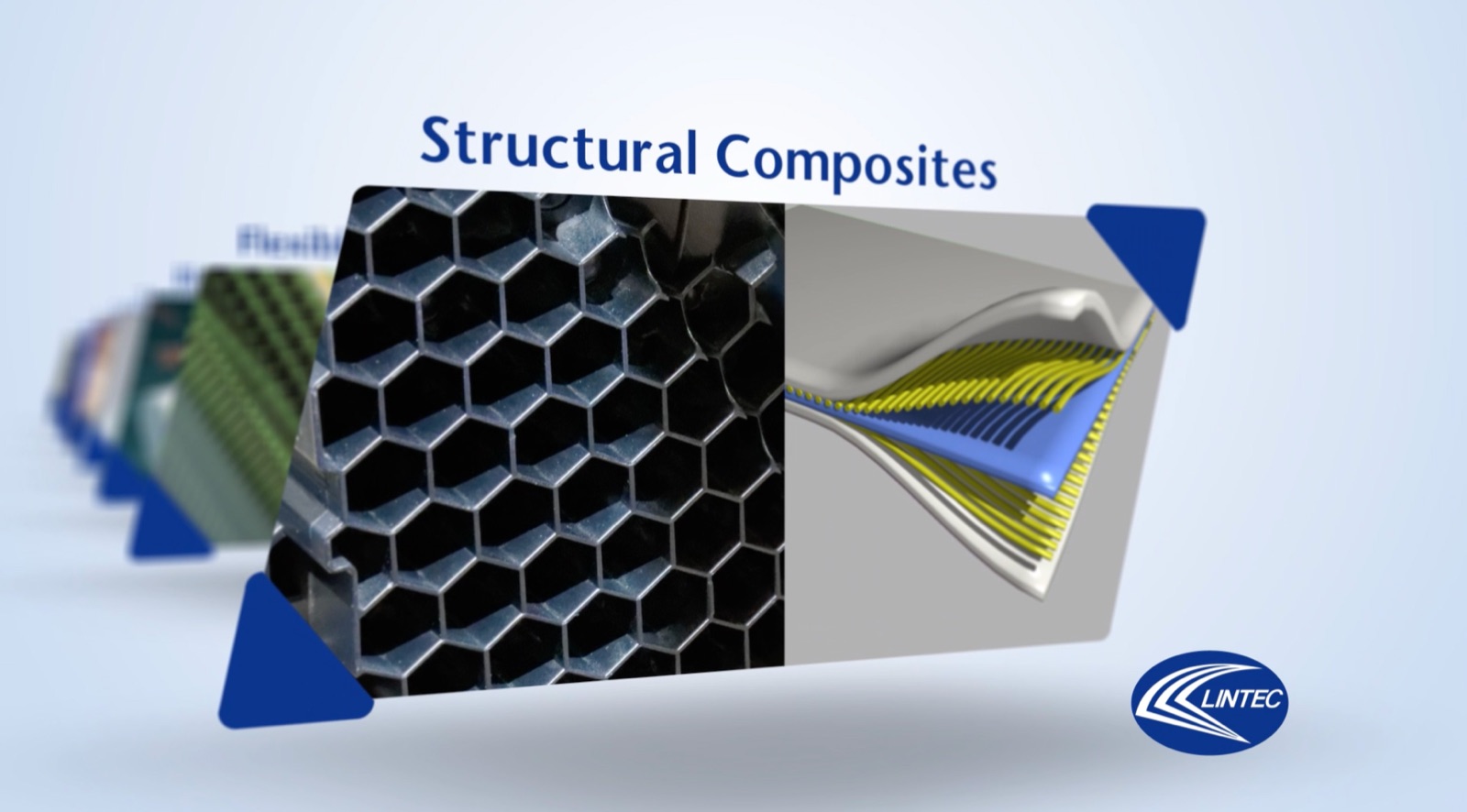 Motion graphic titled Structural Composites showing a honeycomb core beside layered composite material, with the Lintec logo