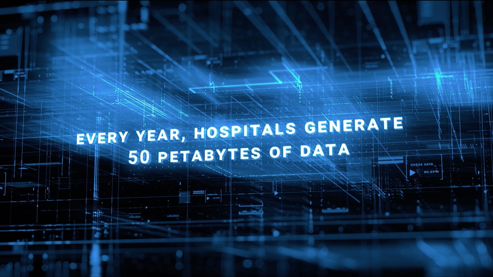 Futuristic data visualization with the title text: Every year, hospitals generate 50 petabytes of data