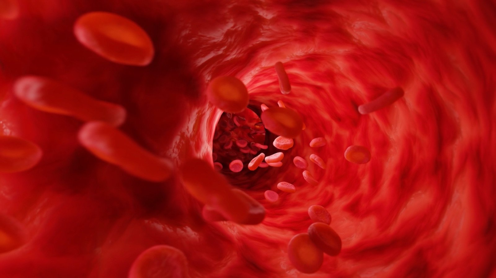 3D animation of red blood cells flowing through the inside of a blood vessel