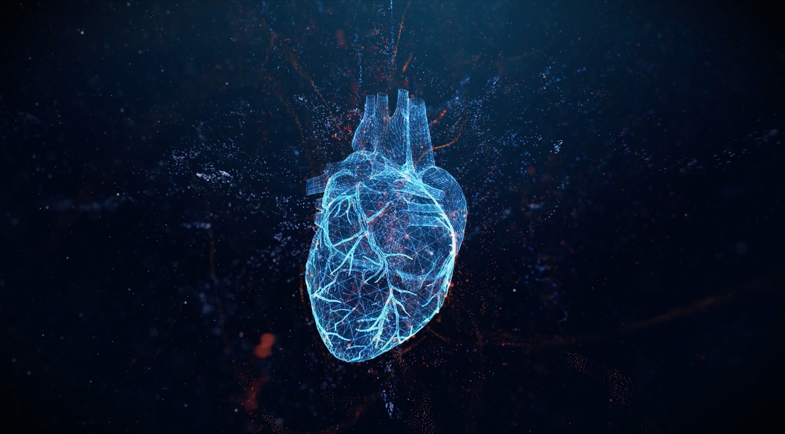 Glowing blue visualization of a human heart against a dark background